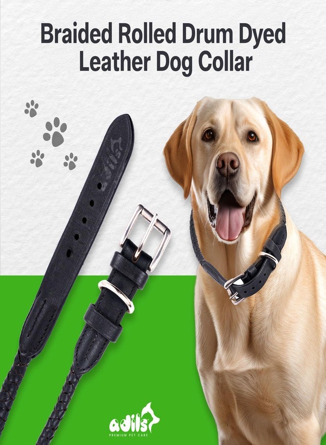 ADIL'S Braided Rolled Drum Dyed (DD) Leather Dog Collar - Strong & Stylish, Comfortable Fit with Heavy-Duty Brass Buckle and D-Ring for Leash Attachment, Ideal for Medium & Large Dogs, S,Black - Image 3